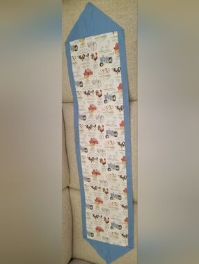 Handmade Farmhouse Rooster & Tractor Table Runner in Light Blue Trim